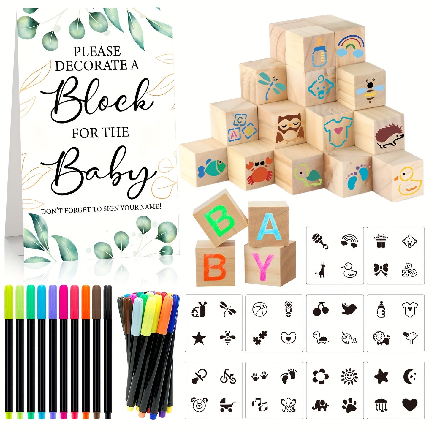 Wooden Block Stacking Game Party Kit 51pcs 30pcs – Baby Shower Tumbling Tower Decoration Sign Set Classic Flower Greenery Fox Bear Style No Electricity