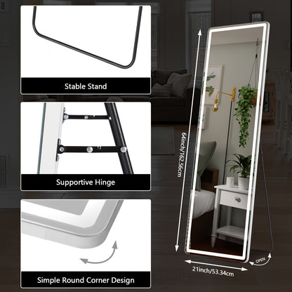 Full Length Mirror with LED Lights & Touch Sensor – 64"x21" Dimmable Smart Floor Mirror, Wall Mount or Freestanding, Slim Modern Frame for Bedroom, Vanity & Dressing Room