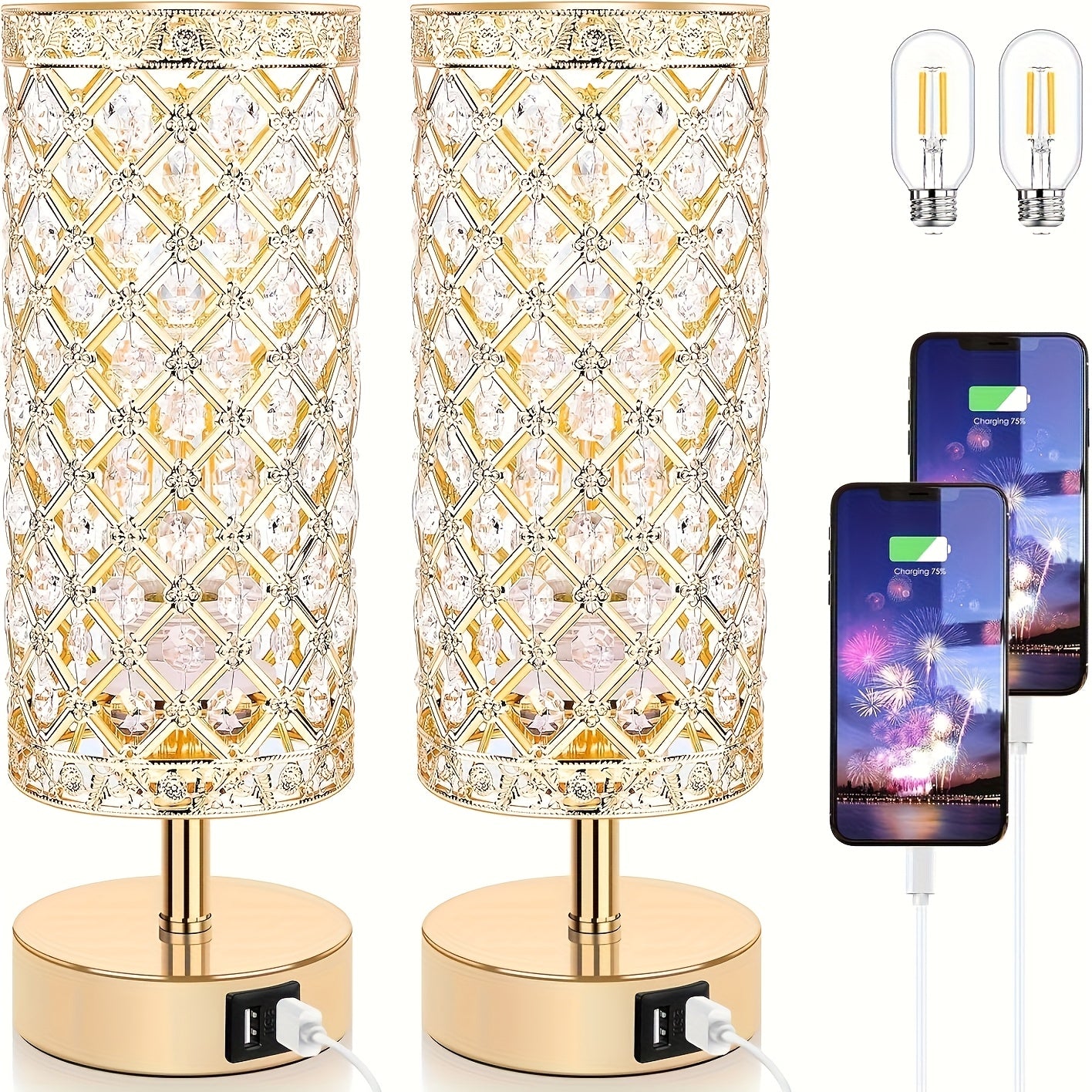 Touch Control Crystal Table Lamps With 2 USB Ports, 3-Way Dimmable Bedside Nightstand Lamps With Decorative Crystal, Small Table Lamps For Bedrooms Living Room, Office, Led Bulb Included