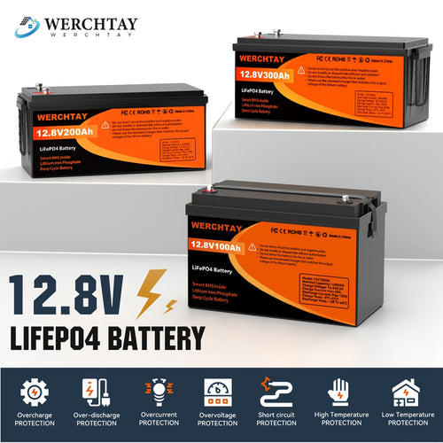 LiFePO4 Battery 12.8V 100Ah 200Ah 300Ah A+ Grade Cells 25000 Deep Cycles Intelligent BMS for Home Energy Storage RV Off-Grid Solar Camping Outdoor Power