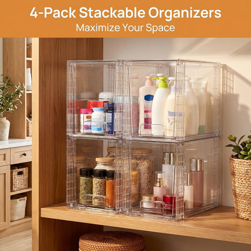 4 Pack 9.7" High Clear Plastic Under Sink Storage, Drawer Organizer - Stackable Storage Bins for Skincare, Makeup, Bathroom And Kitchen Organization - Fits Cabinet, Undersink, Pantry, Vanity
