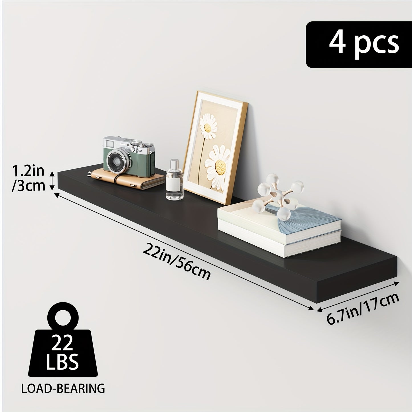 TOMNK Floating Shelves, 4pcs, 56cm/22in, Wall Shelves For Bathroom/Living Room/Bedroom/Kitchen Decor, Shelves With Invisible Brackets Set (Walnut/Light Brown/White/White Oak/Black)