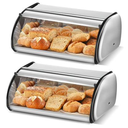 13 "Stainless Steel Roll Top Bread Box, Suitable for Countertop Bread Storage Containers with Stainless Steel Lid - Fresh And Insect Resistant, Can Hold Multiple Large Breads And Other Baked Goods Including Bagels Muffins, Fruit, Etc