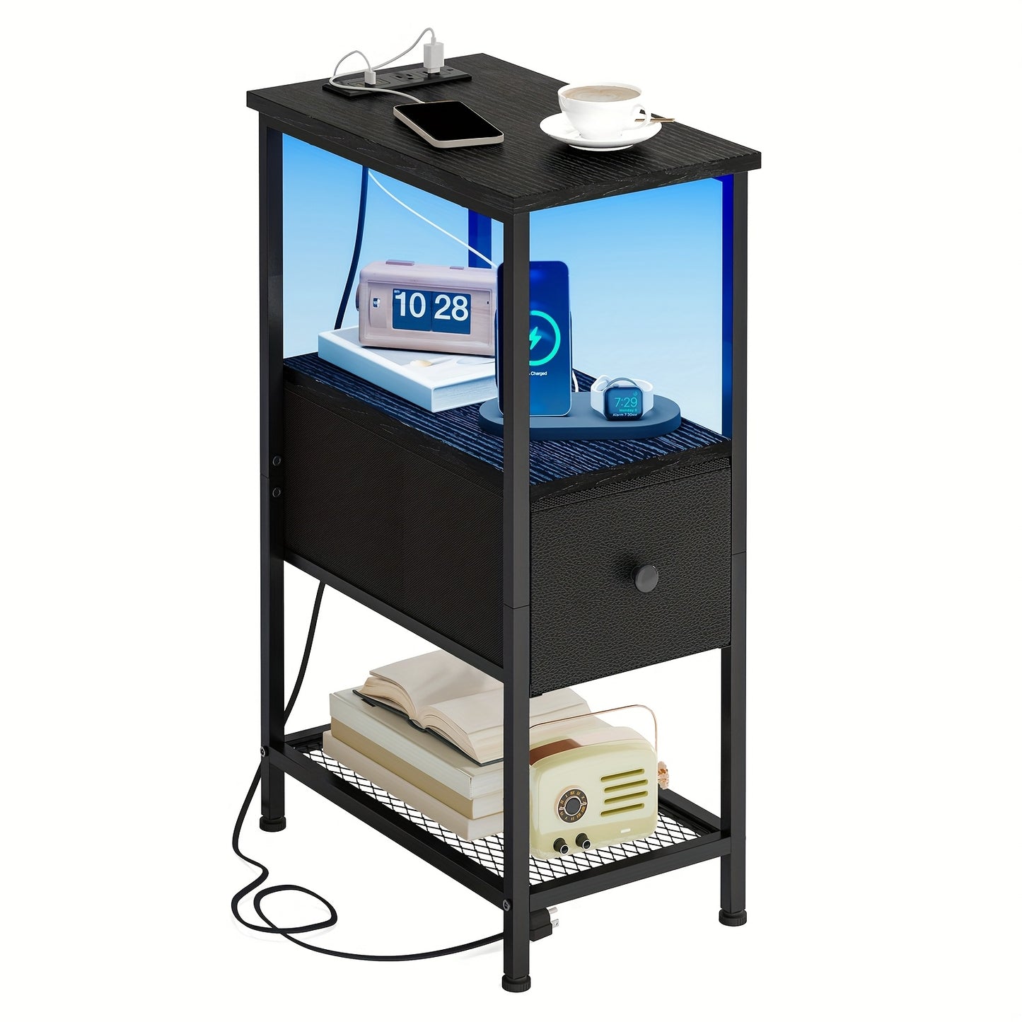 1pc/2pcs Narrow End Tables Living Room With Charging Station, Skinny Side Table With Fabric Drawers, Slim LED Nightstand For Bedroom, School And Dormitory Storage, Small Spaces, Couch, For Halloween And Christmas, Storage Drawer Units