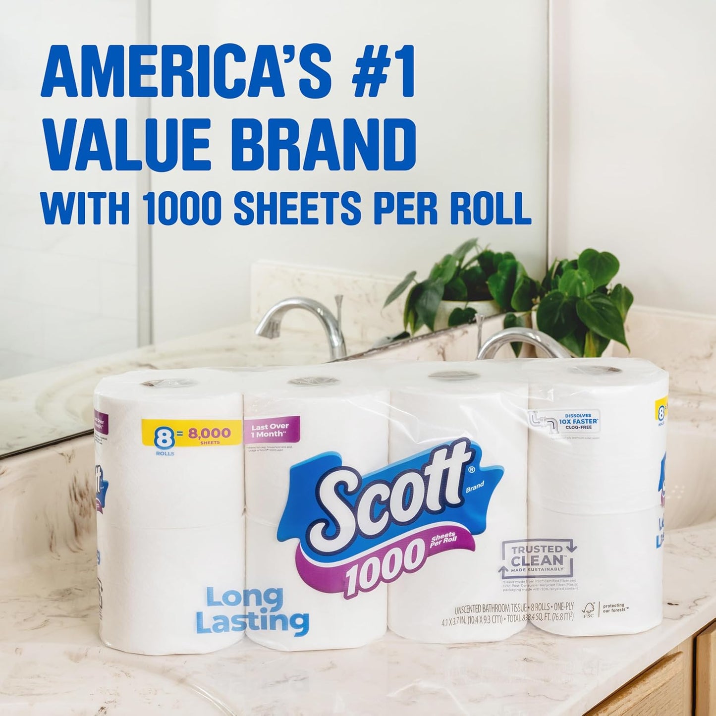 Scott 1000 Sheets Per Roll Toilet Paper, Bath Tissue, 16 Rolls (Pack of 1)