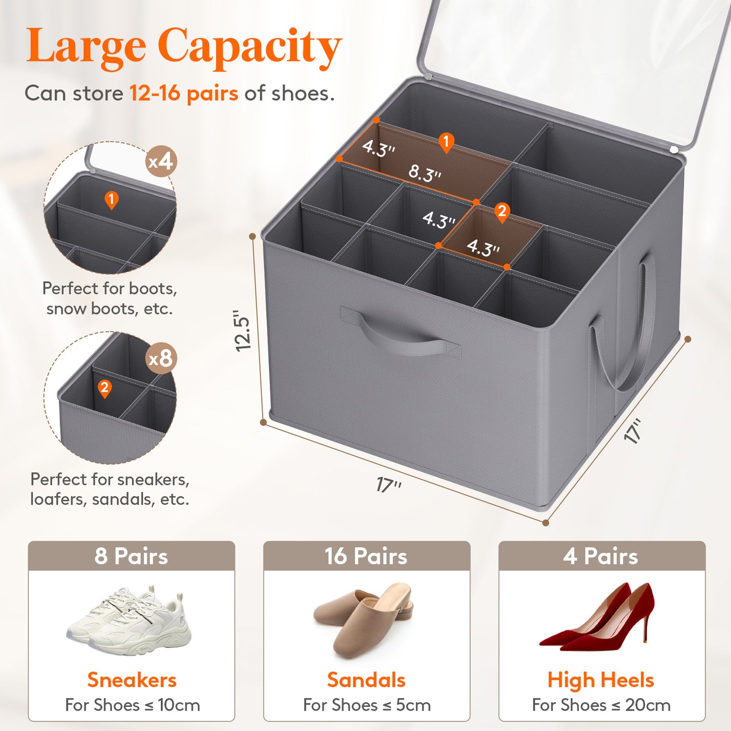 Large Shoe Box Storage Containers with Clear Cover and Reinforced Handles, Open Storage Bins,Shoe Storage Organizer for Closet, Fits 12-16 Pairs, Foldable Storage Bins Fit for Boots Heels Sneakers, 1/2/3 Pack