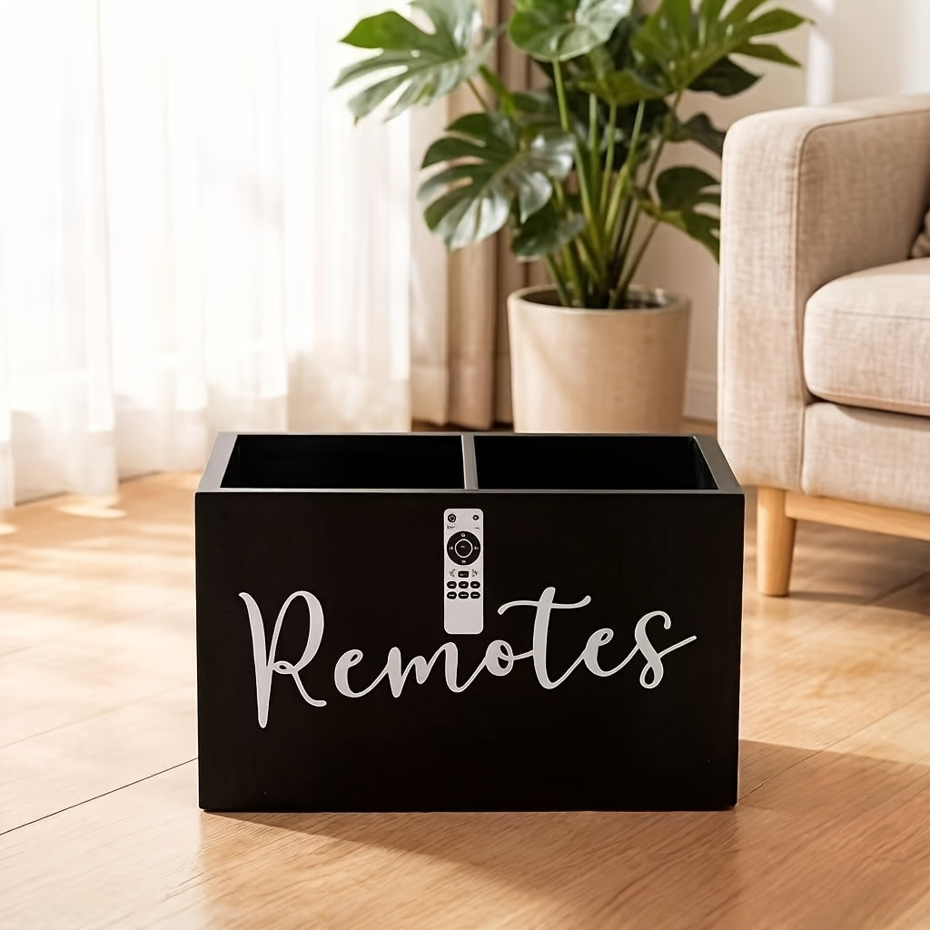 High-Quality Recycled Wood "Remote Control" Label Storage Box - Multi-Compartment Organizer, Suitable for Remotes and Office Supplies, Minimalist Black Desktop and Living Room Storage Box, Shelf Baskets