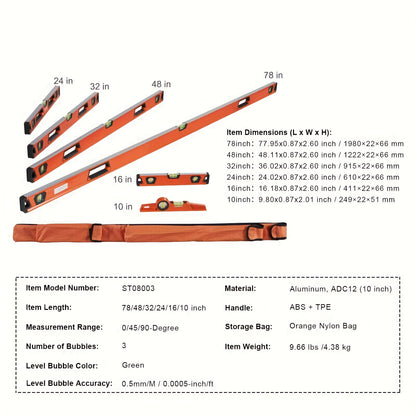 Torpedo Level Set 6-Piece Magnetic Aluminum Alloy | 10 16 24 32 48 78 Inch Spirit Level with 45 90 180 Degree Bubble Vials | Shock-Resistant Viewing Window Storage Bag Plumbing Woodworking Construction
