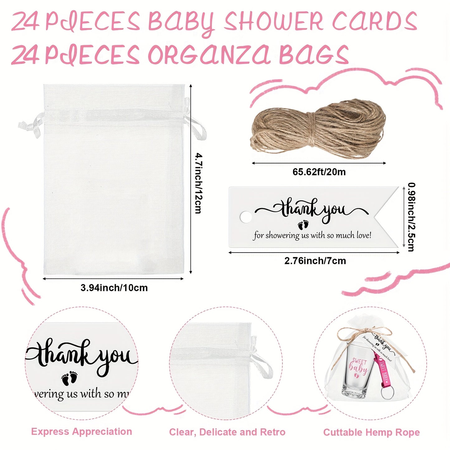 Baby Shower Party Favors 96pcs for 24 Guests - Shot Glasses Bottle Openers Thank You Tags Organza Bags Pink Gender Reveal Return Gifts Boy Girl Shower Prize Set