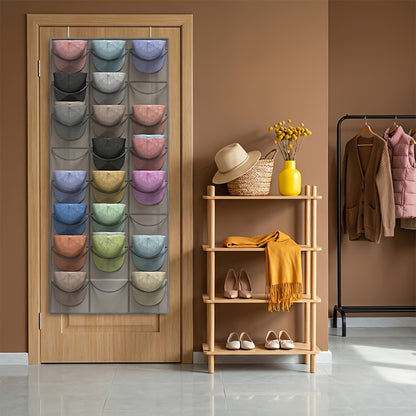 1 Baseball Cap Rack, 24 Pocket Over The Door Hat Organizer, Closet Hat Storage with Large Clear Pockets And 3 Hooks for Hat Protection And Display