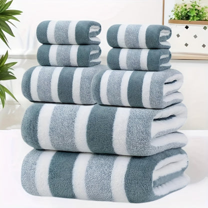 8pcs Set, No Hair Loss, Super Water Absorption, Super Soft Five-Star Hotel Standard Two-Color Striped Interval Combination, Including 2 Large Towels, 2 Large Face Towels And 4 Hand Towels