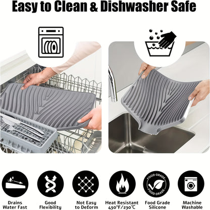 High Quality Kitchen Utensil Drying Pad And Drain Pad, Utensil Insulation Pad, Dishwashing Dish Drain Pad, Slope Design Drainage, Bathroom Cosmetics Drying Pad, High-grade Silicone Material, Easy Storage For Kitchen Essentials, Large Size 34.5*19in