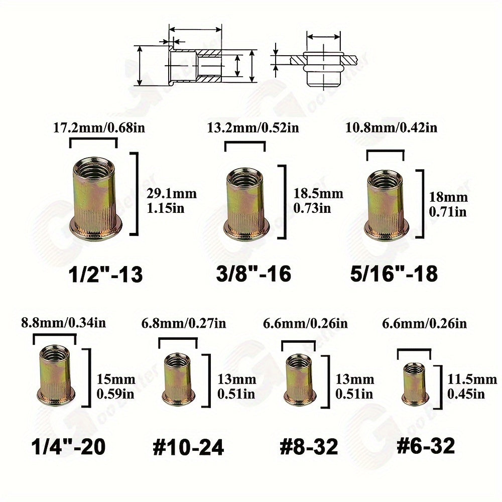 860pcs Rivet Nut Kit SAE UNC Assortment – Zinc Plated Carbon Steel Flat Head Insert Threaded Nuts 7 Sizes with Case for Auto Furniture & Industrial Projects