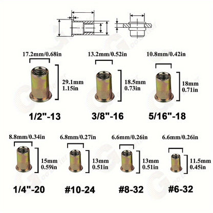 860pcs Rivet Nut Kit SAE UNC Assortment – Zinc Plated Carbon Steel Flat Head Insert Threaded Nuts 7 Sizes with Case for Auto Furniture & Industrial Projects