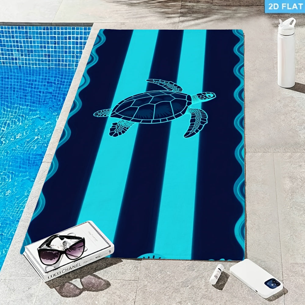 1pc Beach Towel, Blue Striped Sea Turtle Print, Soft Absorbent Nautical Themed Towel, Stylized Turtle Wave Pattern, Perfect for Beach Trips, Pool Days, Summer Vacations, or as a Gift for Ocean Lovers, Durable Lightweight, Adds a Cool, Coastal Vibe