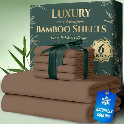 6pcs Cooling Bamboo Bed Sheets Sets - Ultra Soft & Luxuriously Keep Cool In Summer, 17" Deep Pocket, Double Stitching - Cooling Fiber Bed Sheets