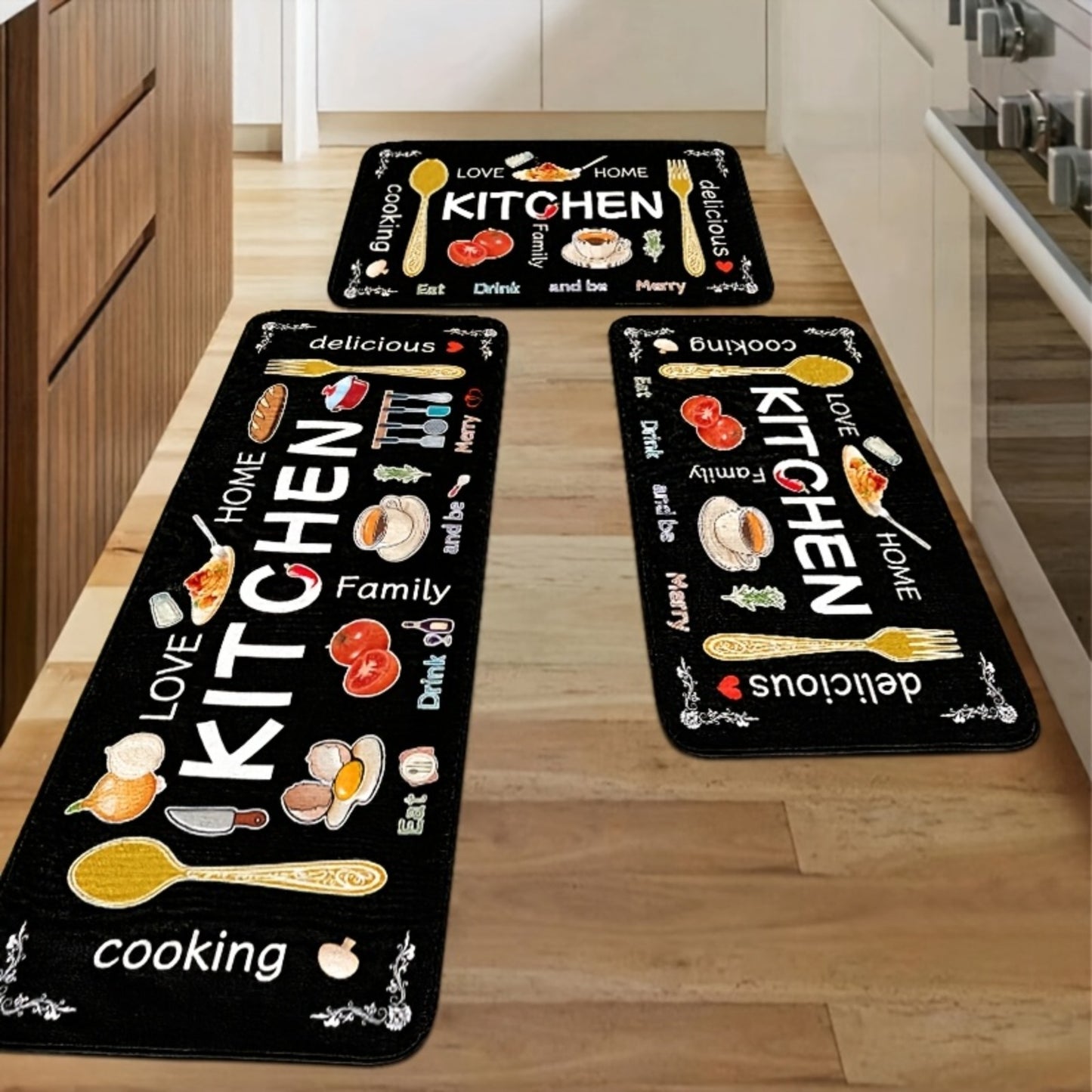 3pcs Kitchen Carpet Set, Egg Beater, Knife And Fork Kitchen Mat Theme, Decorative Carpet, Soft, Easy To Clean, Suitable For Bedrooms, Living And Dining Room, Kitchen, Bathroom, Gifts For Friends And Family, Kitchen Accessories, Father'S Day Gift