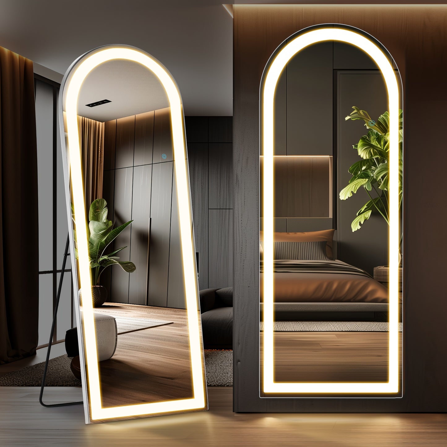 Full Length Mirror with LED Lights & Touch Sensor – 64"x21" Dimmable Smart Floor Mirror, Wall Mount or Freestanding, Slim Modern Frame for Bedroom, Vanity & Dressing Room