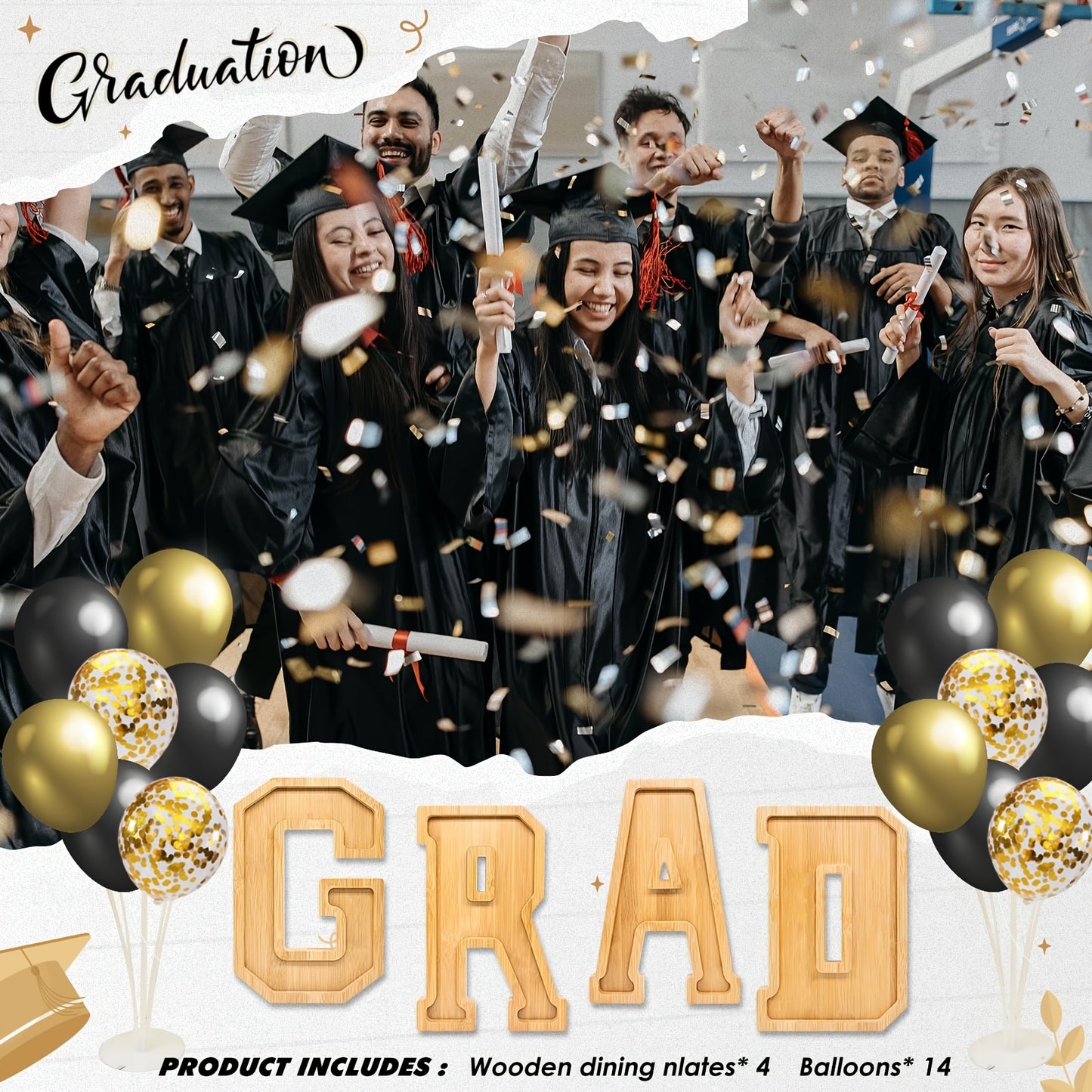 4pcs Wooden Graduation Decorations Number Charcuterie Board Box-(With 14 Balloons) 2026 GRAD Charcuterie Numbers Fillable Food Graduation Party Supplies Suitable for 2026 Party Graduation Decoration
