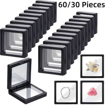 30/60pcs Black Plastic Frame 3D Floating Jewelry Display Boxes With Clear Panels, Secure Clasp Closure & Fabric-Lined Interior, Home & Jewelry Making Organizer, Jewelry Boxes, Coin Collector'S Choice, Best Gifts For Independence Day