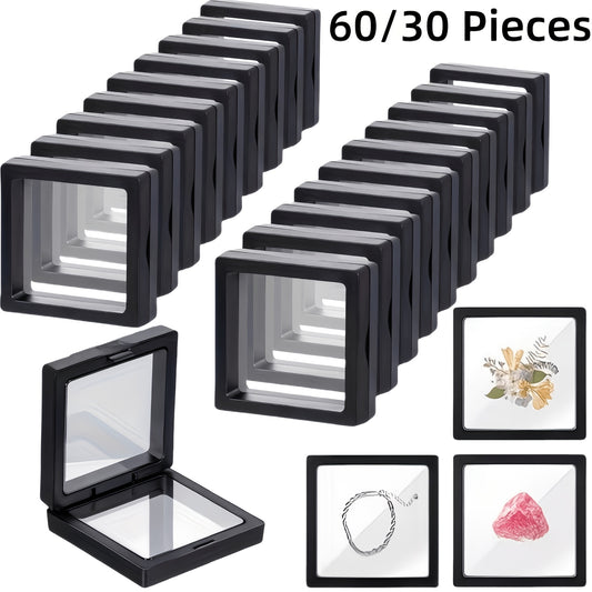 30/60pcs Black Plastic Frame 3D Floating Jewelry Display Boxes With Clear Panels, Secure Clasp Closure & Fabric-Lined Interior, Home & Jewelry Making Organizer, Jewelry Boxes, Coin Collector'S Choice, Best Gifts For Independence Day