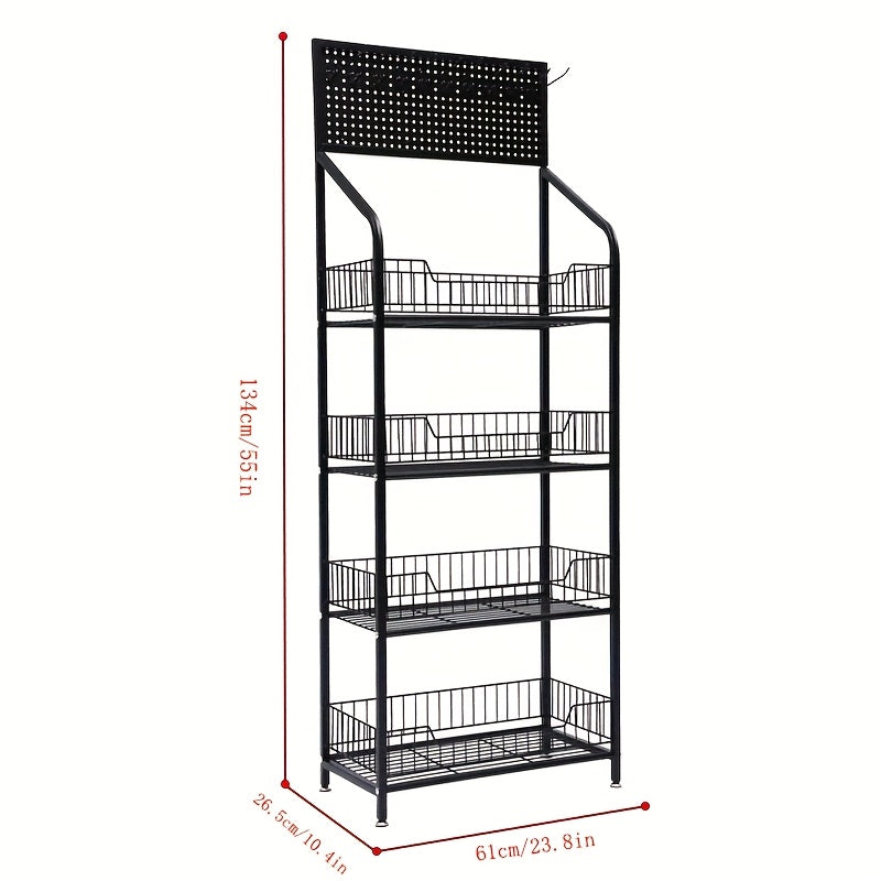 Four-Level Metal Display Rack on Wheels, Featuring a Painted Surface, Separate Shelves, Designed for Floor Use, Versatile for Various Placements, Includes a Snack And Food Display Section, Ideal for Kitchens And Convenience Stores, Standing Shelf