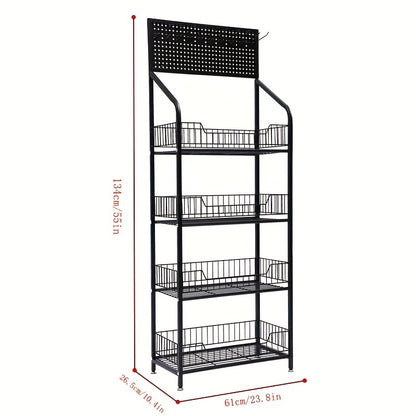 Four-Level Metal Display Rack on Wheels, Featuring a Painted Surface, Separate Shelves, Designed for Floor Use, Versatile for Various Placements, Includes a Snack And Food Display Section, Ideal for Kitchens And Convenience Stores, Standing Shelf