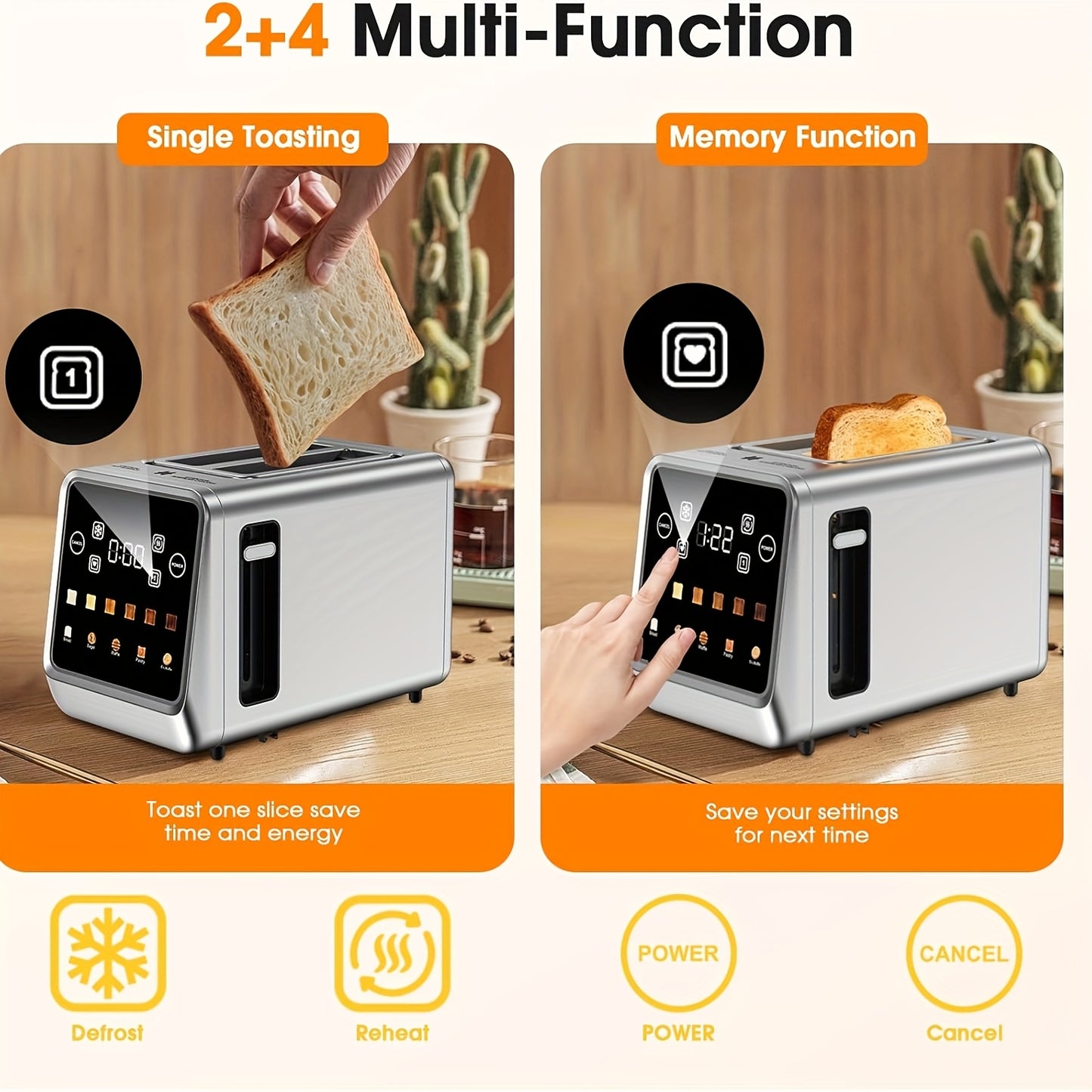 Smart Digital Toaster 2 Slice Touch Screen – Stainless Steel with Memory Function, 5 Bread Types, 6 Shade Settings, 1.5-Inch Wide Slot, 900W Fast Toasting for Home Kitchen