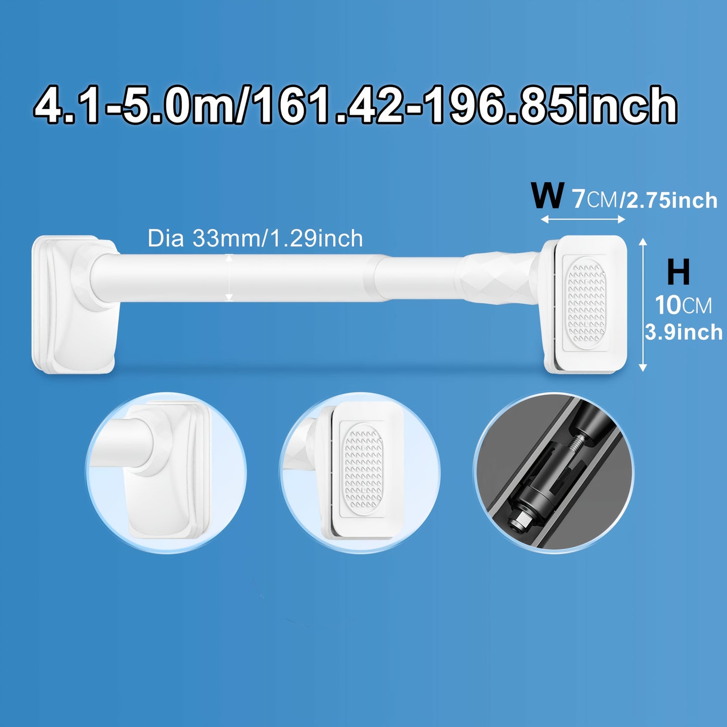 15.75inch - 196.85inch No Drilling Curtain Rail 33Mm Diameter Telescopic Shower Curtain Rod, Extendable Telescopic Rod, Long Adjustable Curtain Rod for Large Windows
