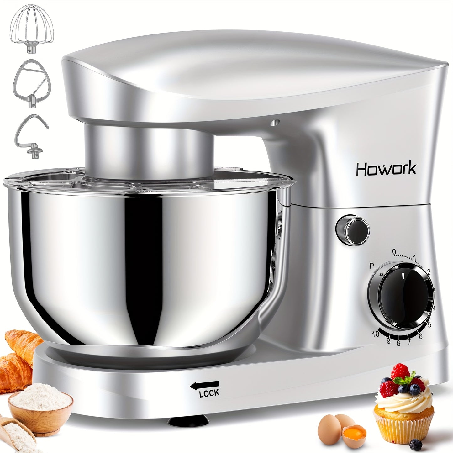 HOWORK Stand Mixer 10-Speed 5QT Electric Kitchen Mixer With Dishwasher-Safe Dough Hooks, Flat Beaters, Wire Whip & Pouring Shield Attachments For Most Home Cooks