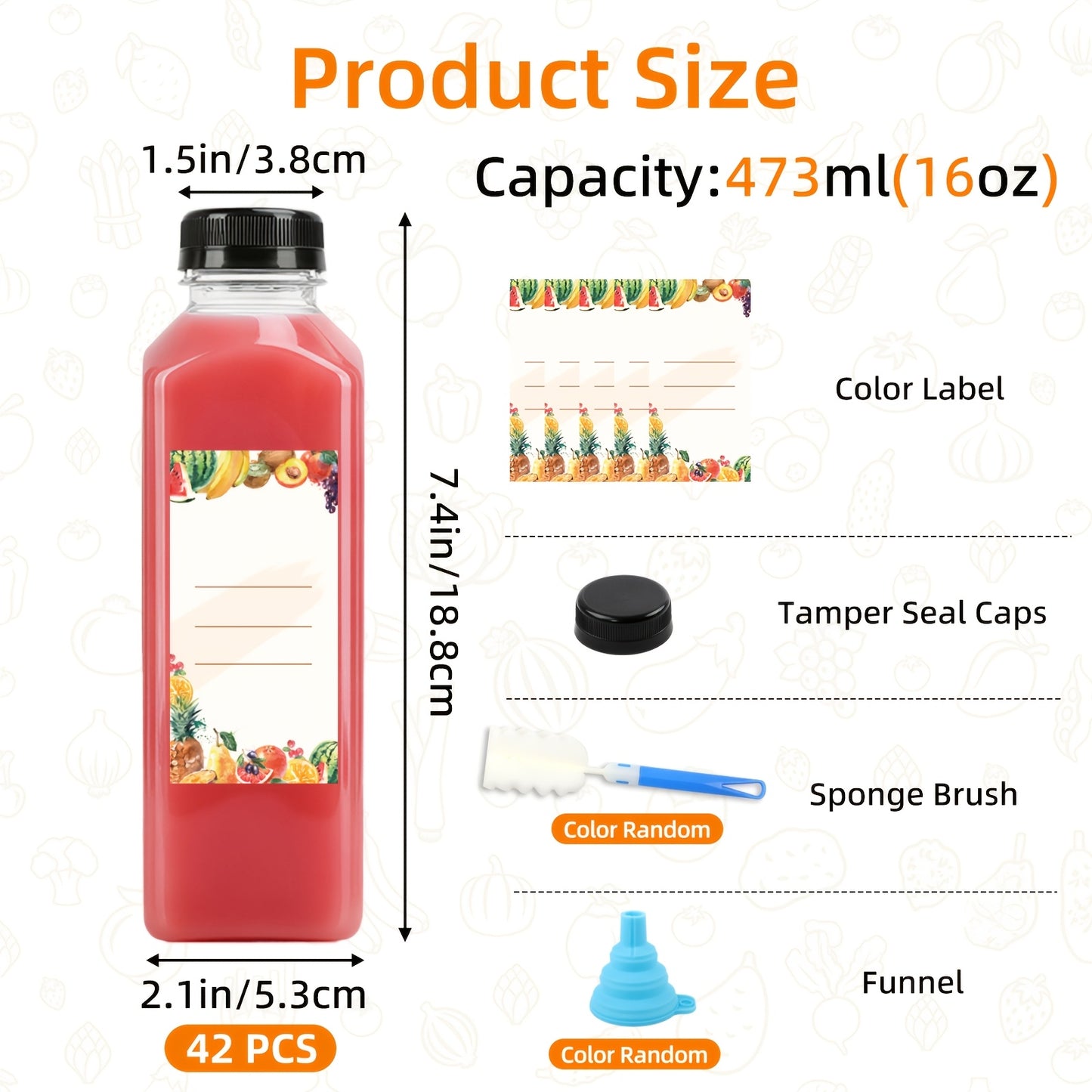 TOMNK 36pcs/42pcs/56pcs 16oz Plastic Juice Bottles with Caps, Refrigerator Juice Container with Lid, Reusable Container And Clear Beverage Bottle Can Hold Juice, Smoothies, Milk, for Halloween And Christmas. Funnel & Brush (Color Random).