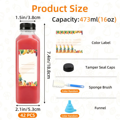 TOMNK 36pcs/42pcs/56pcs 16oz Plastic Juice Bottles with Caps, Refrigerator Juice Container with Lid, Reusable Container And Clear Beverage Bottle Can Hold Juice, Smoothies, Milk, for Halloween And Christmas. Funnel & Brush (Color Random).