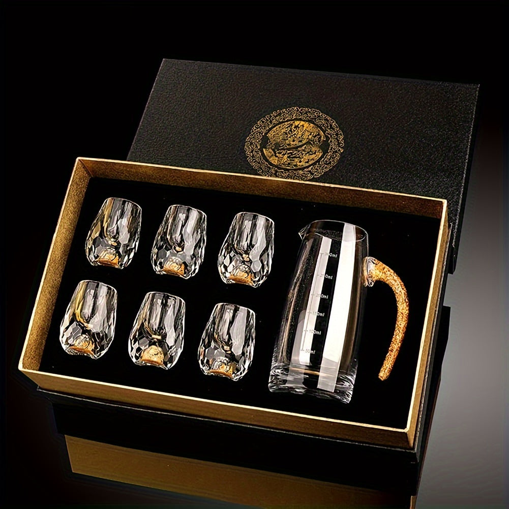 Luxury 24K Plated Foil Crystal Wine & Champagne Set - 1 Decanter & 6 Cups with Leakproof Crystal Glasses, Elegant Pure Black Gift Box for Home Bar, Wedding, Party - No Assembly Required, Perfect Gift for Wine Lovers & Special