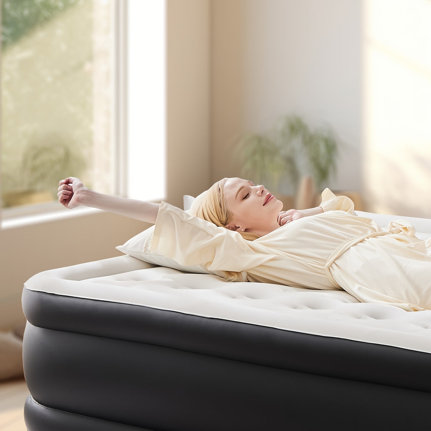 Flocking Inflatable Mattress with Pump, High Load Capacity and Easy Storage Air Mattresses, Air Sleeping Bed for Camping, Hiking, Beach, Indoor, Outdoor