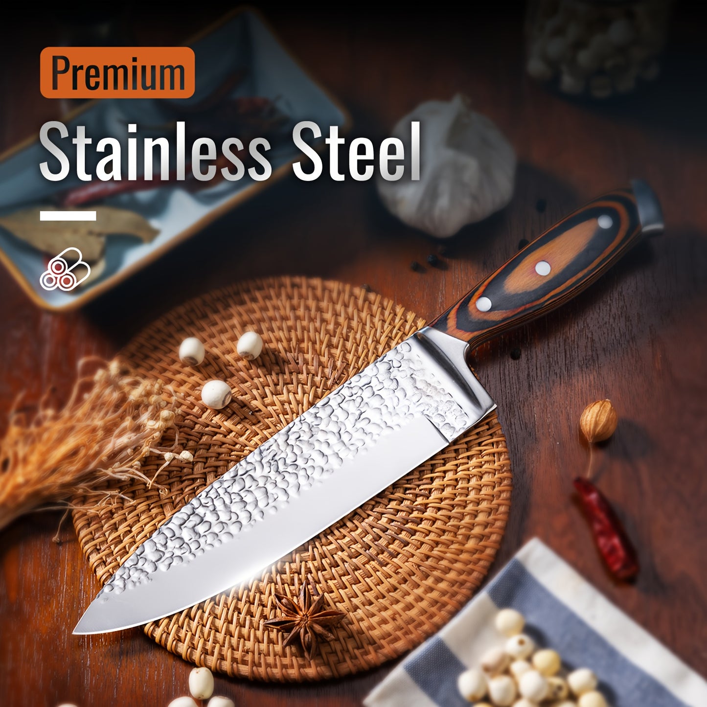 Professional Knife Sets for Kitchen, 15/20pcs Medium Carbon Stainless Steel Knives Set with Block And Sharpener, Ultra-Sharp Hammered Knife Set with Wooden Handle, Kitchen Gadgets, Knives for Men, Dishwasher Safe, for Family Gift, Local Warehouse