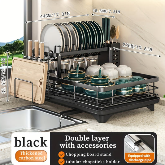 2-Tier Metal Dish Drying Rack with Cutlery Holder Cup Holder & Rust-Proof Drip Tray – Space Saving Countertop Kitchen Organizer