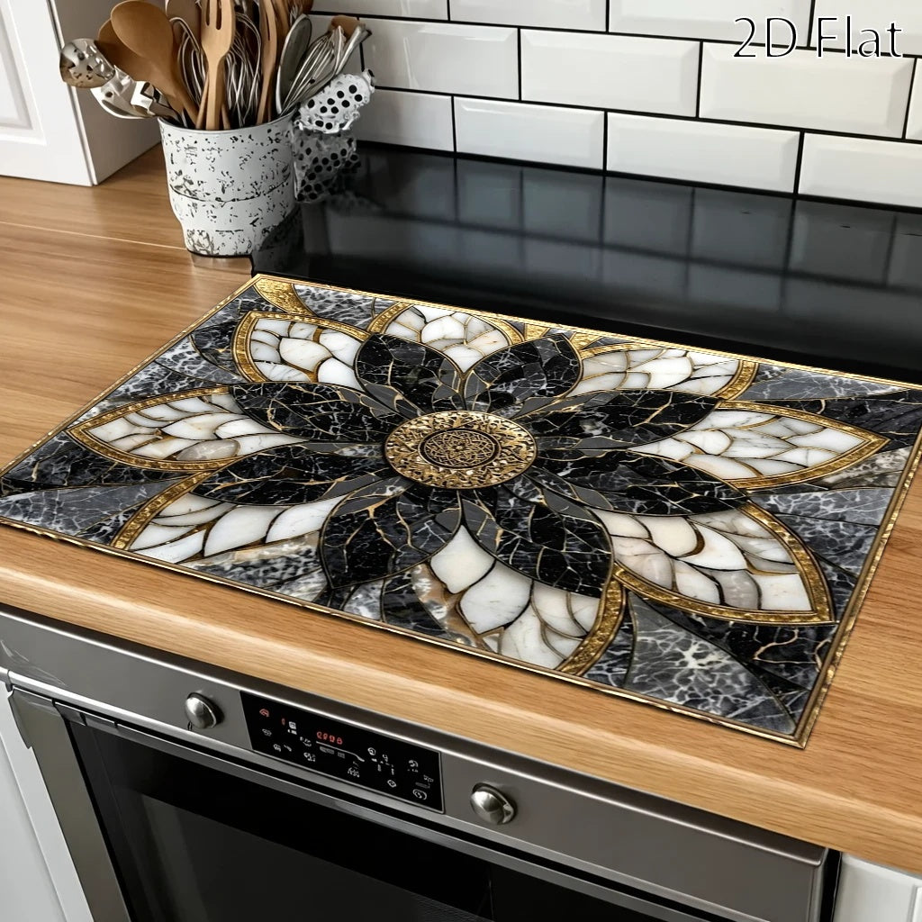 Luxury Black Golden for Lotus Marble Pattern Stove Protector Mat, Heat Resistant, Wear Resistant, Dirt Resistant, Durable, Easy to Clean, Reusable, Suitable for Gas Stove, Glass Cooktop, Induction Cooker, Oven, Washing Machine and Dryer Top
