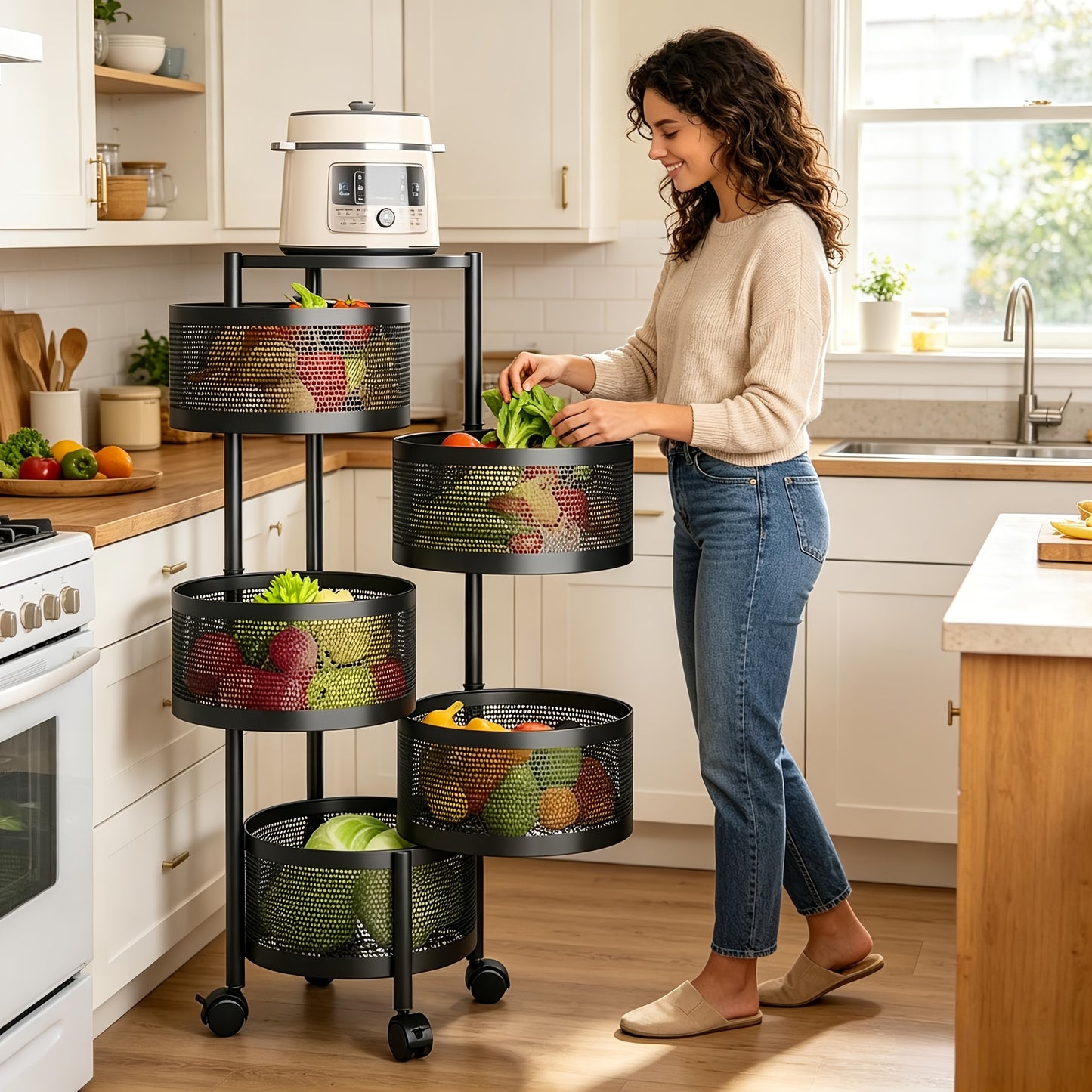 Rolling Storage Cart with Wheels 5-Tier 360° Rotating Kitchen Organizer Basket, No Assembly Space-Saving Floor Standing Bin for Kitchen Pantry Bathroom Bedroom Fruits Vegetables Home Organization