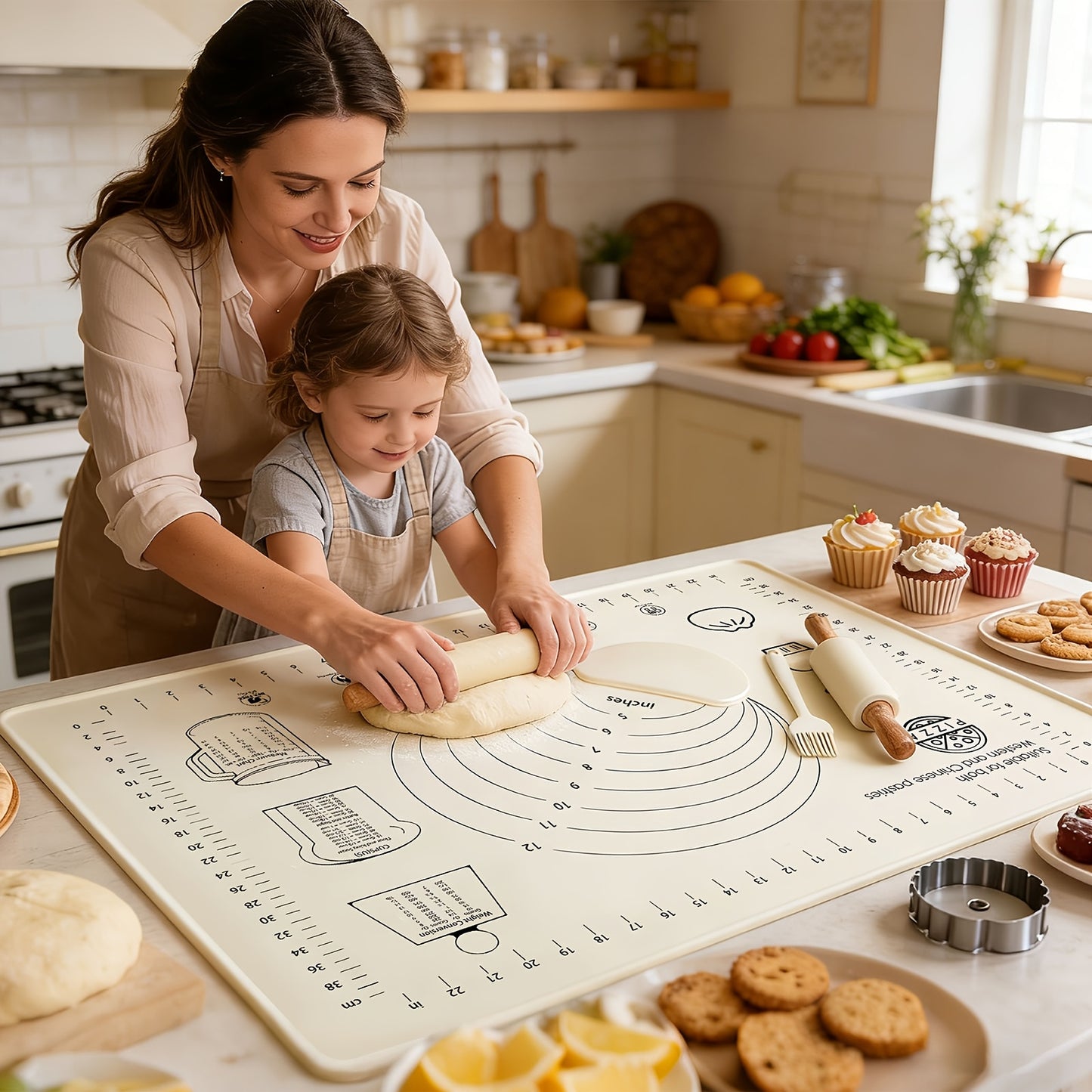 4pcs Silicone Baking Mat Set, Extra Thick Non-Stick Dough Kneading Mats with Measurement Scales, Reusable Rolling Pins, Non-Slip Pastry Mats, Perfect for Tabletop Baking, Multi-Functional Set Includes Dough Scraper, Storage Bag, and Rolling Pin