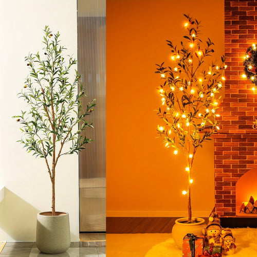 Artificial Olive Tree Potted Faux Plant Real Wood Trunk Lifelike Fruits Indoor Outdoor Home Office Decor Fake Silk Tree Multiple Sizes Available 4ft 5ft 6ft 7ft