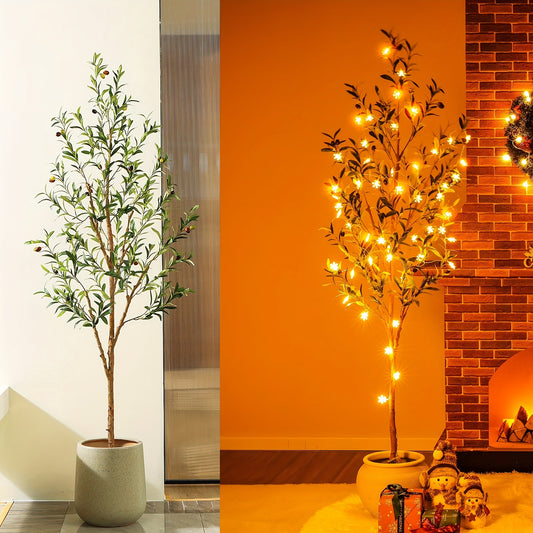 Artificial Olive Tree Potted Faux Plant Real Wood Trunk Lifelike Fruits Indoor Outdoor Home Office Decor Fake Silk Tree Multiple Sizes Available 4ft 5ft 6ft 7ft