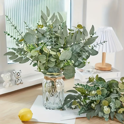 50/56pcs Bulk Artificial Eucalyptus Flowers & Stems with 4 Leaf Varieties - Realistic DIY Wedding, Valentine's, St. Patrick's Day, Spring Decorations - Lifelike Green Foliage Bouquets with White Flowers, Durable Plastic Blooms for Home, Office