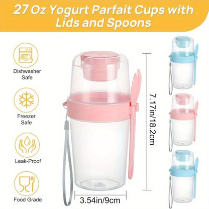 4-Pack Large 27oz Yogurt Parfait Cups with Leakproof Lids & Spoons - Microwave-Safe, Stackable Breakfast Containers with Separate Toppings Compartments - BPA-Free PP Cups for Overnight Oats, Yogurt, Cereal, Meal Prep - Ideal for Home, Office, Travel, or C