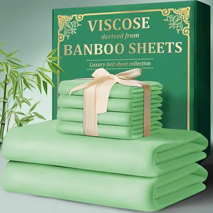 4pcs Bamboo Cooling Bed Sheet Set - Ultra Soft Breathable Sheets With Deep Pocket Fitted Bedspread (18"-24" Height), 2200 TC Cooling Fabric, Shrink & Wrinkle Resistant, For All-Season Comforter Fit - Modern Bedding Collection For Hot