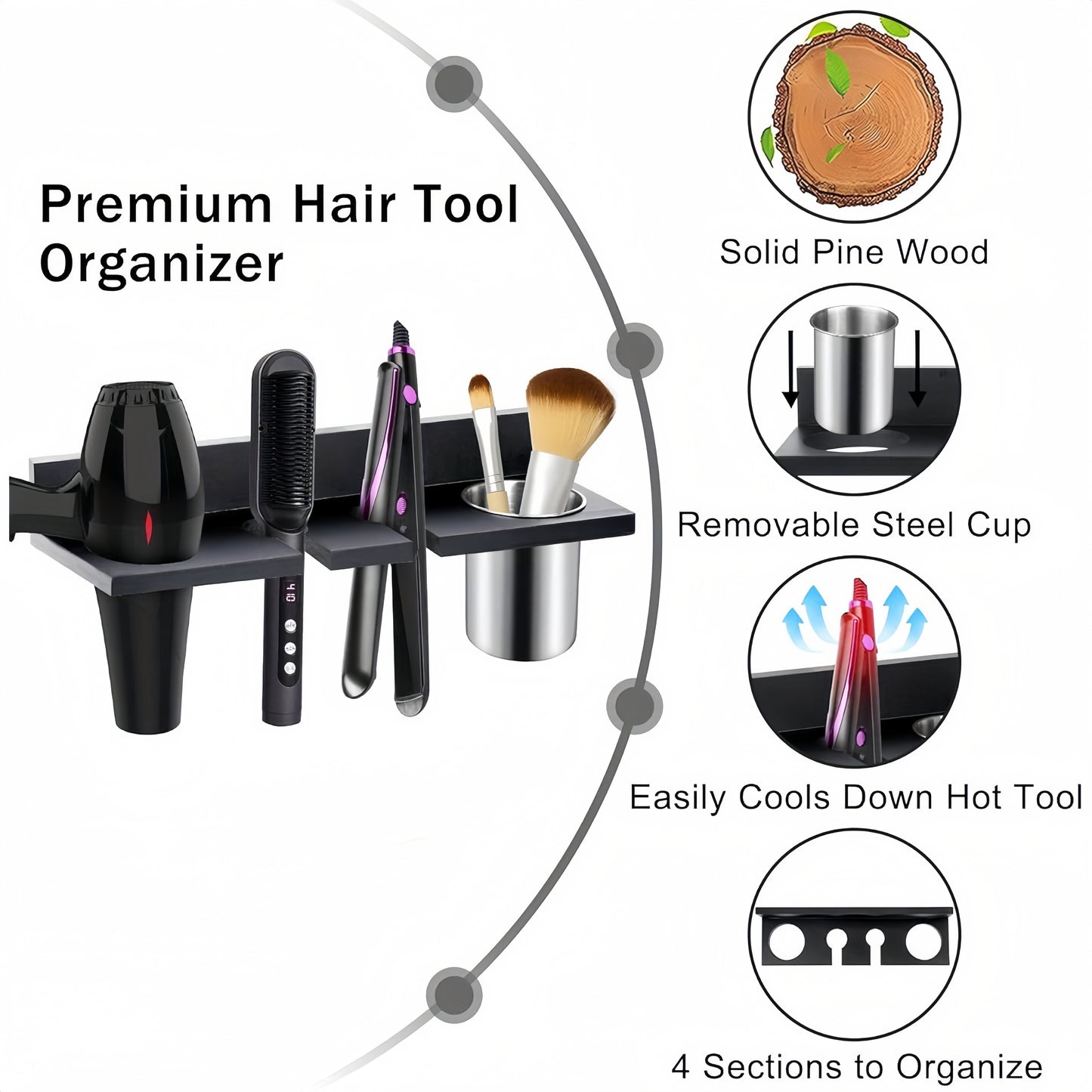 Wall Mounted Wooden Hair Tool Organizer, Multi-Functional Storage Rack for Hair Dryer, Curling Iron, Hair Straightener, Brushes, for Bathroom Salon Home Use, Rustic Stylish Practical Design, Shelves