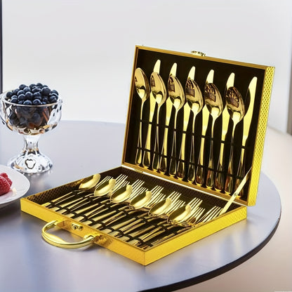 30pcs Golden Stainless Steel Silverware with Gift Box Set, 6 People Golden Knives, Forks And Spoons Flatware Set, Mirror Polishing, Exquisite Wooden Box Packaging, Ideal for Business Gifts, Weddings, Celebrations, Banquets