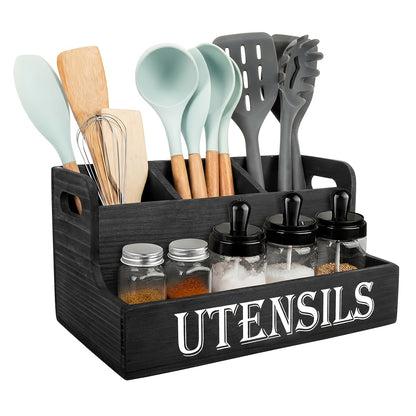 Extra Large Kitchen Utensil Organizer with 4 Compartments, White Wooden Kitchen Utensil Organizer for Kitchen Countertops, Farmhouse Utensil Storage, Rustic Cooking Utensils - White.