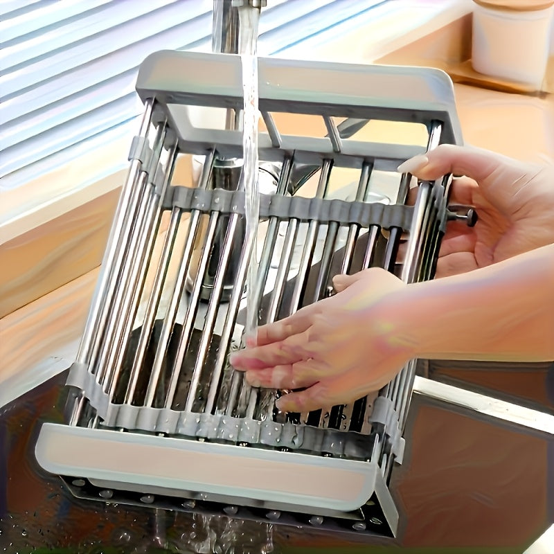 Stainless Steel Adjustable Sink Storage Rack - Extended Dish Rack with Drainless Design, Space Saving Modern Kitchen Storage, Adjustable Height And Retractable Width, Dish Drying Rack for Countertops, Durable And Easy to Clean Surface