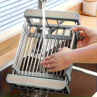 Stainless Steel Adjustable Sink Storage Rack - Extended Dish Rack with Drainless Design, Space Saving Modern Kitchen Storage, Adjustable Height And Retractable Width, Dish Drying Rack for Countertops, Durable And Easy to Clean Surface