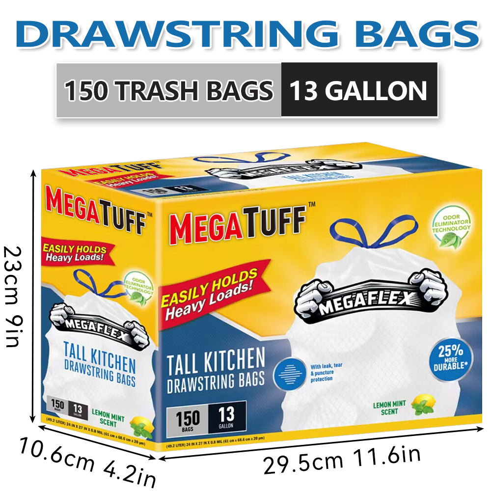 Boxed Disposable Non Tear Garbage Bag 150 Pieces 3 Rolls Puncture Tear Resistant Trash Bags, 13 Gallon Capacity, ODOR ELIMINATORTECHNOLOGY Kitchen Drawstring Garbage Bags Fresh Clean Scent With Lemon Mint Scent, 150 Count EASY TO USEDRAWSTRINGS MORE DURAB